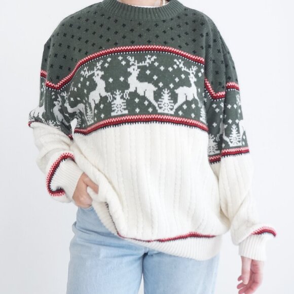Cozy Green and Cream Reindeer Sweater - Picture 1 of 11